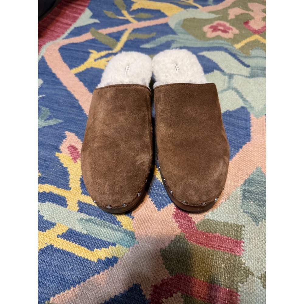 Rag & Bone Brown Suede Shearling Lined Wooden Clogs Mules Studded Size 41